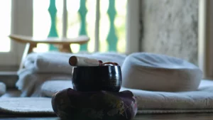 A Tibetan singing bowl on display