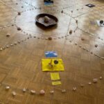 A wooden floor with crystals placed following a sacred geometry pattern