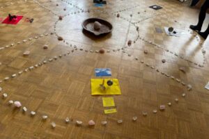 A wooden floor with crystals placed following a sacred geometry pattern