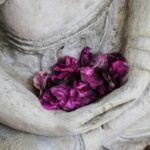 The hands of a Buddha statue are holding lotus petals