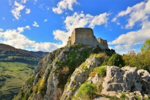 A scenic view of the Sentier Cathare, a hiking trail in the Pyrenees mountains of France