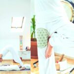 Woman practicing Kundalini yoga in standing and downward facing dog poses