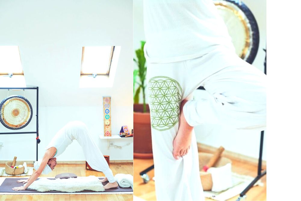 Woman practicing Kundalini yoga in standing and downward facing dog poses