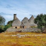 A group of Trulli, traditional Apulian dry stone huts with conical roofs, in a Mediterranean landscape
