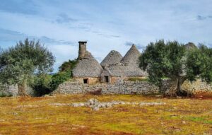 A group of Trulli, traditional Apulian dry stone huts with conical roofs, in a Mediterranean landscape