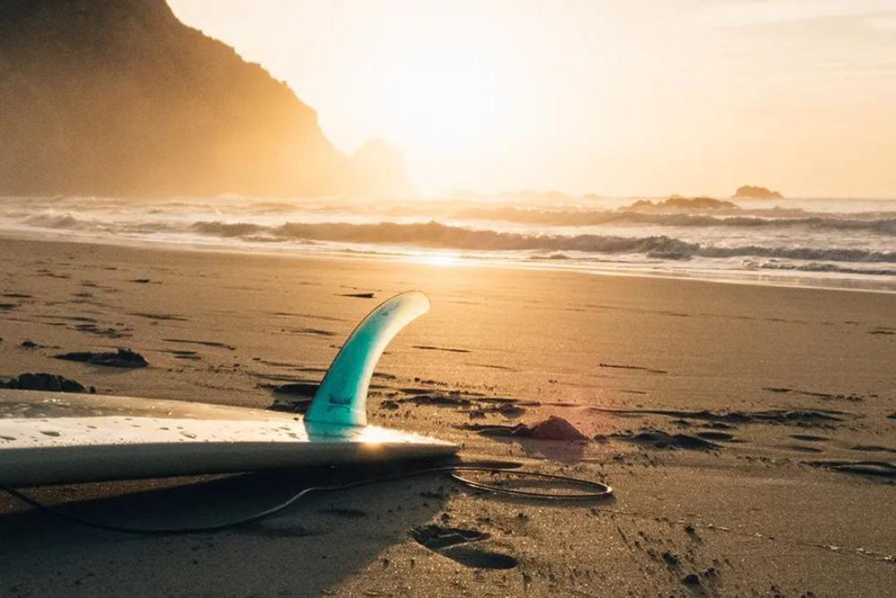 A surfing board on a sandy beach